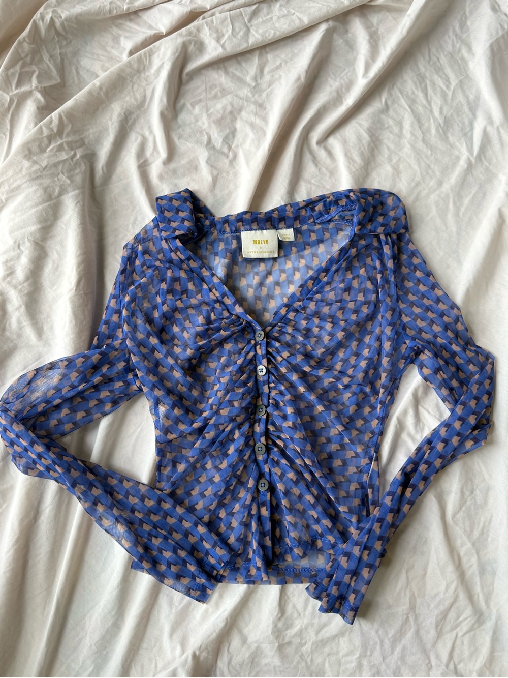 Anthropologie Blue and Tan Geometric Sheer Button-Front Top